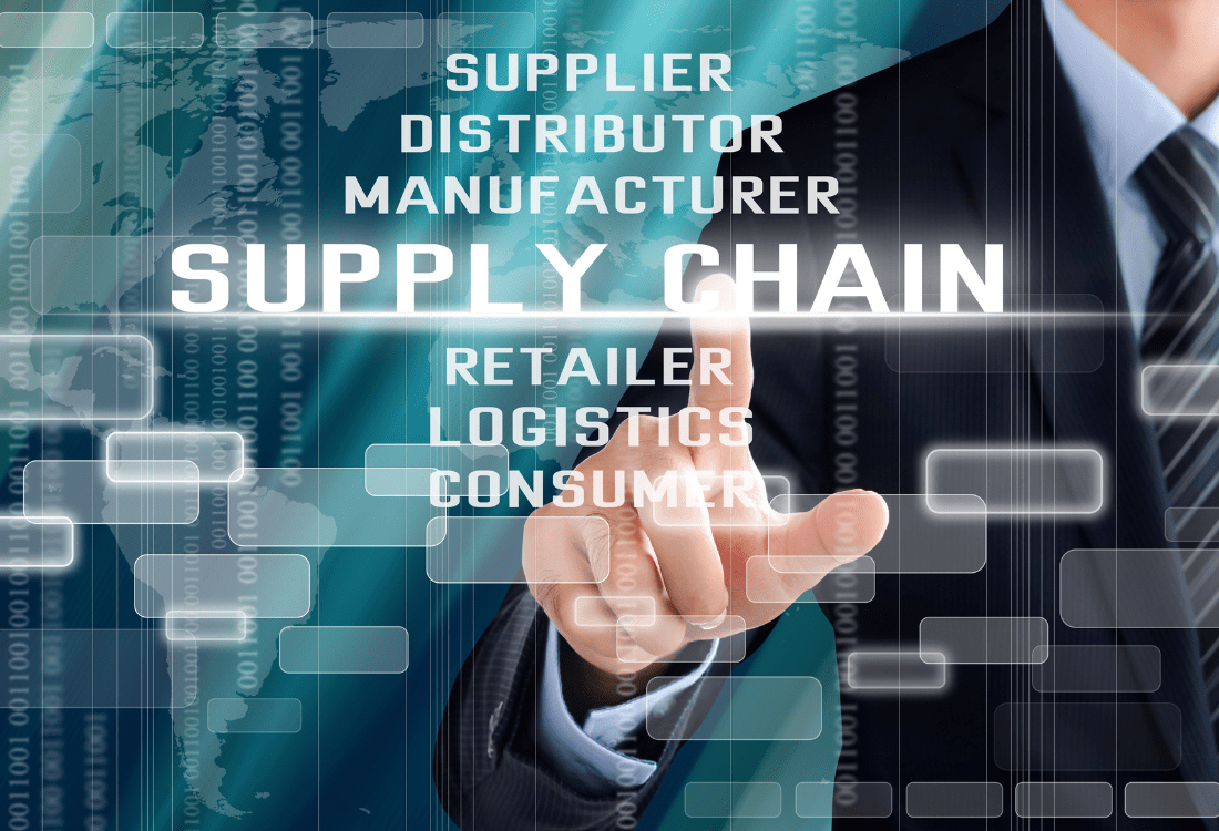 Businessman interacting with and highlighting the word supply chain on a virtual screen, showing the strategic sourcing process in supply chain management.